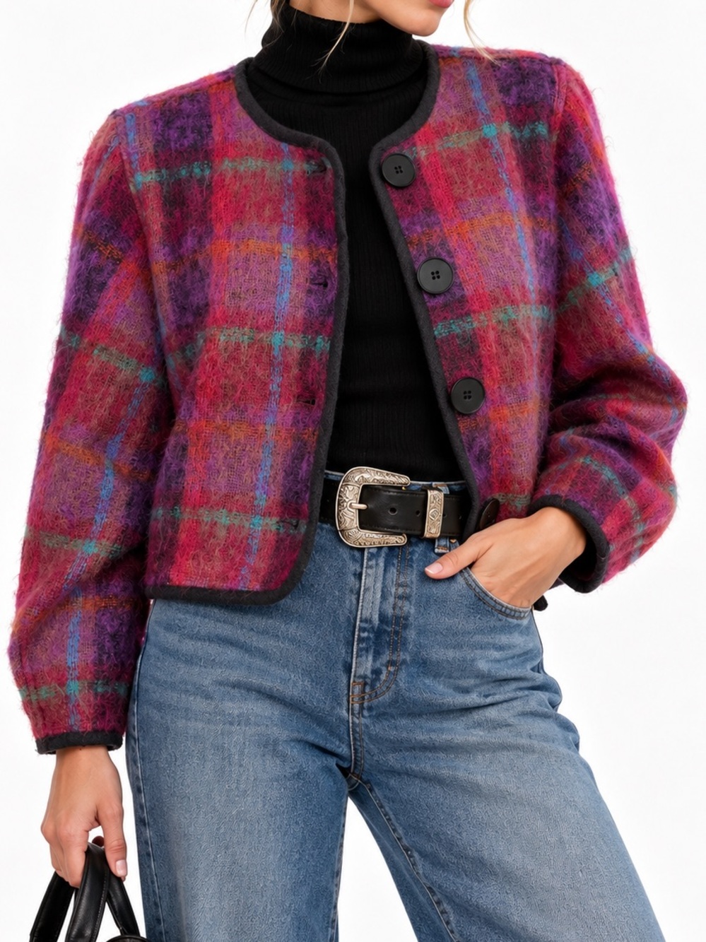 Vintage Tony Lambert Mohair Plaid Cropped Jacket Made in USA M